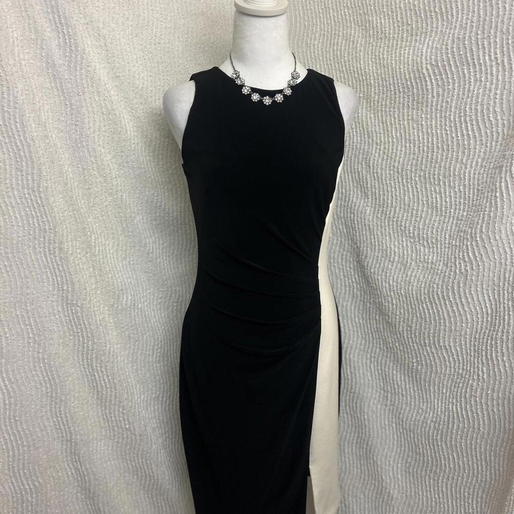 Lauren Ralph Lauren Black Cocktail Dress Size 6 White Panel Cinched Slinky Knee